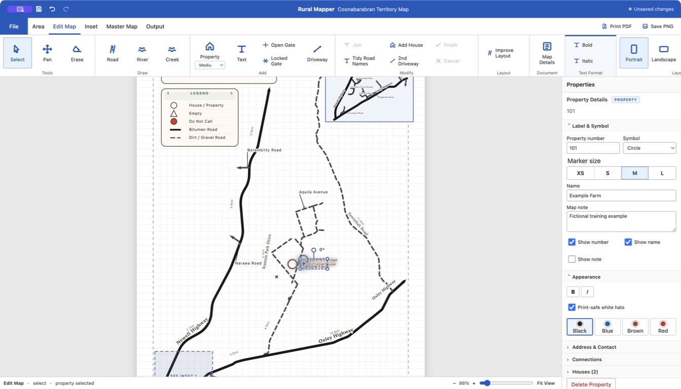 Large Rural Mapper editor screenshot with a property selected and its details open for editing